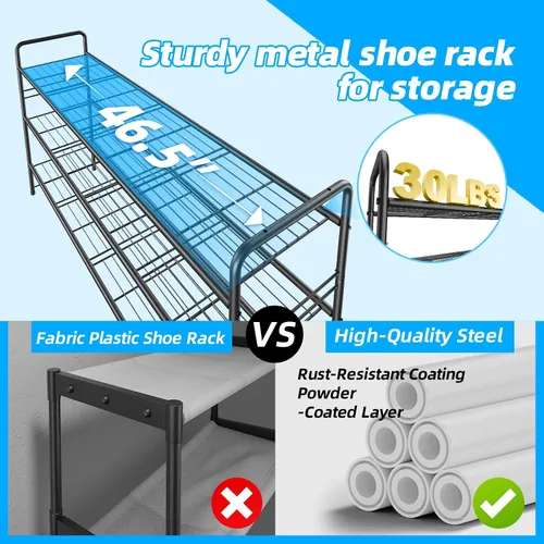 Vista 4 de Zapatero de 3 niveles para armario, organizador de almacenamiento de zapatos extra largo de 46.5 pulgadas para estantes, metal resistente, fácil