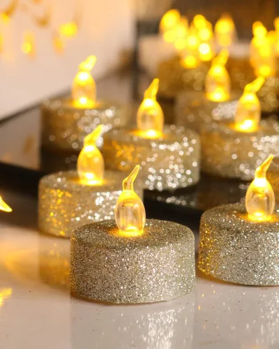 Vista 7 de 12 velas de té con temporizador de fusión naranja, funciona con Vela blanca cálida parpadeante, la batería incluye una duración de más de 100 horas