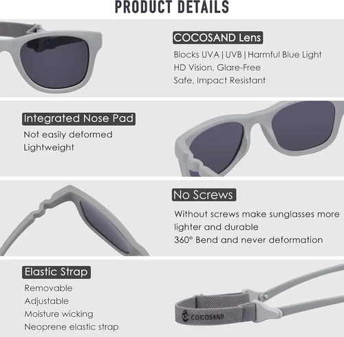 Vista 5 de COCOSAND Gafas de sol para niños pequeños con correa polarizada, lentes de ojo cuadrado para bebés y niñas de 0 a 24 meses
