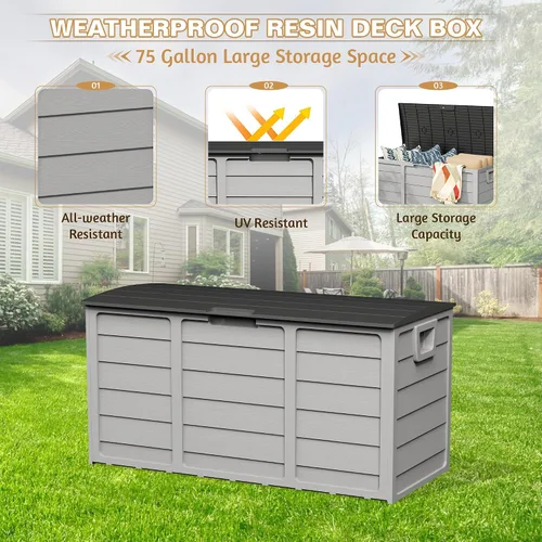 Vista 5 de Caja de almacenamiento para terraza al aire libre de 75 galones, resina resistente con tapa con cerradura, resistente a los rayos UV para muebles