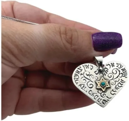 Vista 4 de Baltinester Collar de corazón de cábala en plata de ley 925 maciza y oro con turquesa azul, collar de Cabalá, colgante de corazón de estrella judía