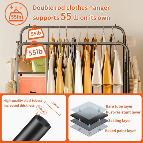 Vista 3 de JOISCOPE Perchero resistente de 47 x 65 pulgadas, perchero de ropa de doble barra para colgar ropa, perchero con estantes de armario de 4 niveles