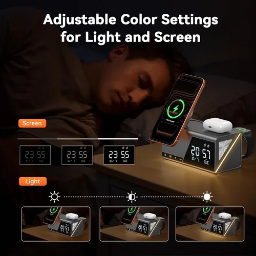 Vista 4 de TobenONE Estación de Carga Inalámbrica de Alarma 6 en 1 para Dispositivos Apple, Luz Nocturna, Mesita de Noche, Cargador Magnético MagSafe