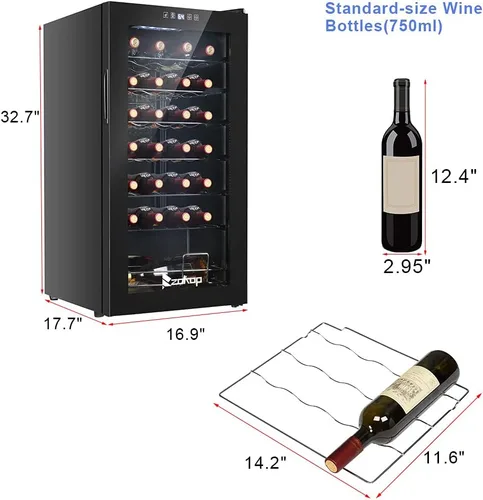 Vista 3 de Winado Refrigerador de vino con compresor de 28 botellas con temperatura ajustable, mini refrigerador de vino compacto independiente con control