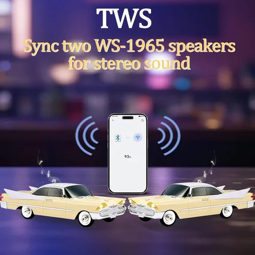 Vista 4 de WSTER WS-1965 Replica altavoz Bluetooth – Diseño retro de cohete coche, sonido HD, TWS, luces LED de fiesta, radio FM, reproducción USB/TF, Beige