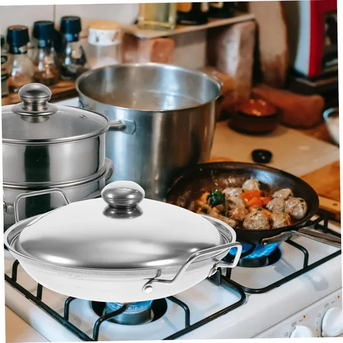 Vista 6 de UPKOCH Olla de cocina de acero inoxidable chino Shabu Shabu olla caliente doble mango salsa antiadherente con tapa pequeña stock, 9 pulgadas