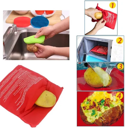 Vista 2 de Paquete de 3 bolsas de papas para microondas, con 3 cepillos de silicona para limpiadores de verduras, bolsa de papas horneadas reutilizable y Azul