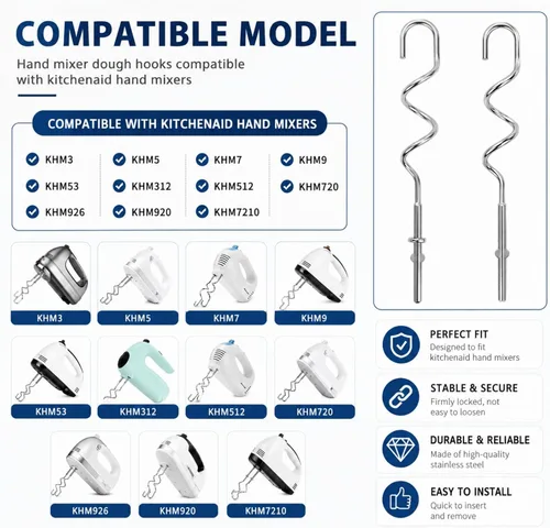 Vista 3 de Ganchos de masa KHM512 para batidora de mano, repuesto compatible con KitchenAid serie KHM/5KSM/KSM/KSMO/KSMH, accesorios de acero inoxidable
