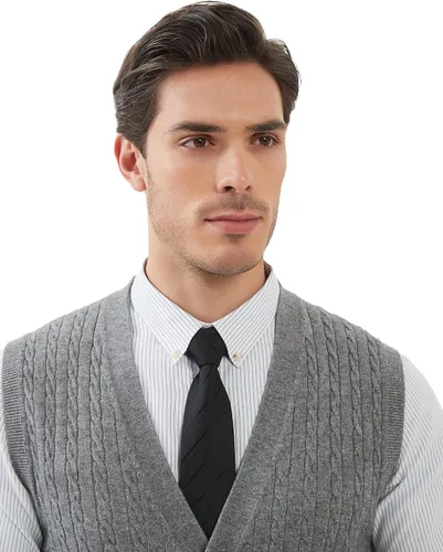 Vista 8 de Kallspin Suéter de punto trenzado para hombre, chaleco de mezcla de lana, cuello en V, con botones, sin mangas