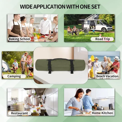 Vista 7 de lelezone Bolsa enrollable para cuchillos de chef, resistente al agua, funda de lona encerada para cuchillos, bolsas enrollables para chefs