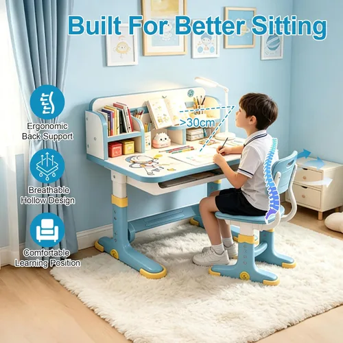 Vista 4 de HEVIRGO Kids Desk and Chair Set – Height Adjustable Blue Study Table