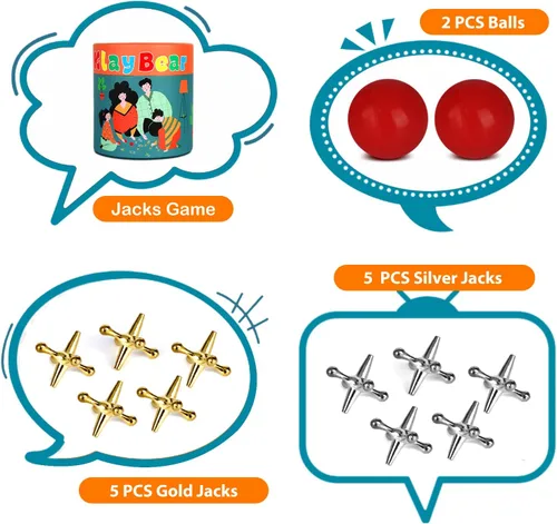 Vista 6 de Juego de Jacks con Pelota, Juego Retro Vintage de Jax para Niños y Adultos, Juegos de Mesa Clásicos con 10 Jacks de Metal y 2 Pelotas de Goma Rojas