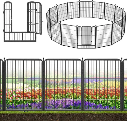 Vista 19 de Valla decorativa de metal negro para jardín con puerta, 4.5 pies de largo x 32 pulgadas de alto, 2 paneles de valla sin excavación, valla de barrera