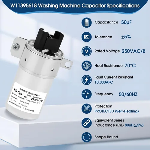 Vista 4 de W11395618 Condensador de funcionamiento del motor 50uF 250VAC 50/60Hz 10000AFC - Condensador de repuesto para lavadora para 4931353, PS12731163