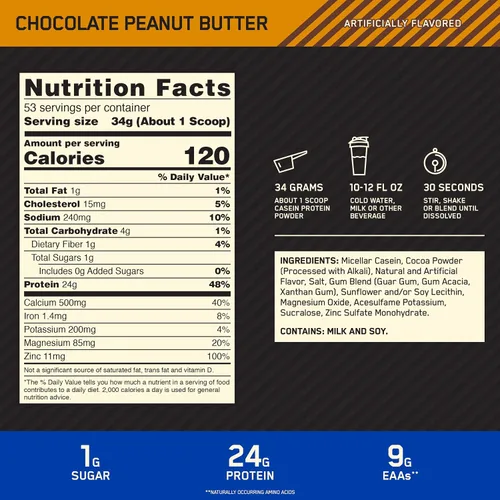 Vista 3 de Optimum Nutrition Caseína en polvo, mantequilla de maní y chocolate, 4 libras