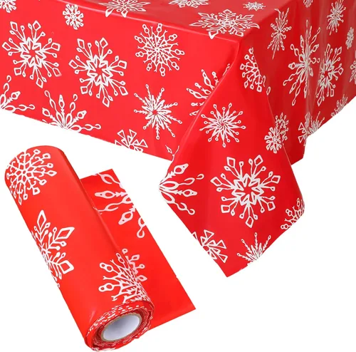 Vista 10 de Hosuly Rollo de mantel de Navidad de 100 pies x 40 pulgadas con lunares rojo y verde, mantel rectangular desechable de plástico para invierno