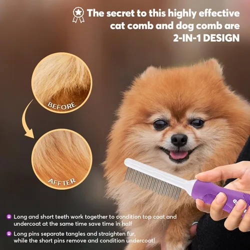 Vista 4 de Peine desenredante para mascotas para perros y gatos con dientes metálicos largos y cortos de acero inoxidable para eliminar enredos y nudos.