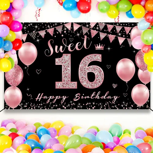 Vista 6 de Vicycaty Decoraciones de cumpleaños de 16 años – Cartel de fondo, decoración de fiesta de feliz 16 para niñas, cartel de 16 yardas de oro rosa