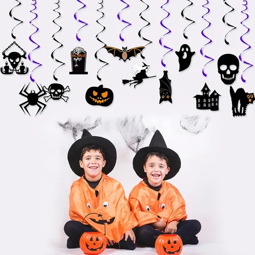 Vista 5 de Decoración para fiesta de Halloween, murciélagos, brujas, serpentinas, 12 piezas espeluznantes de fantasmas, calaveras, esqueletos, calabaza, gatos