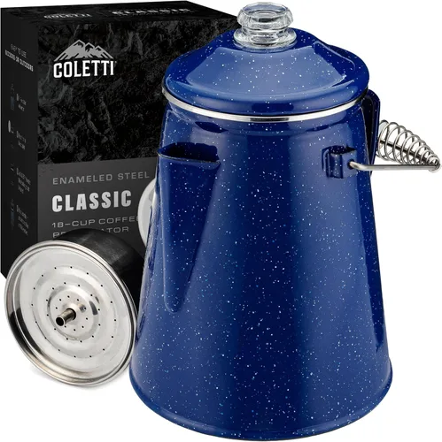 Vista 10 de COLETTI Cafetera Percolator clásica: la cafetera de camping más nostálgica, ahora modernizada [esmalte negro, 12 tazas]