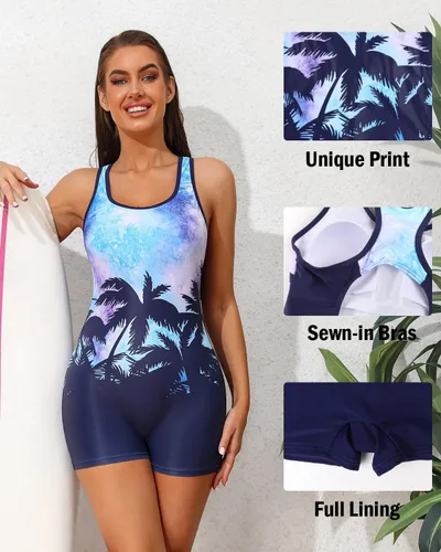 Vista 25 de beautyin - Traje de baño para mujer, traje de baño aeróbico y de competición de una pieza, estilo pantalón corto