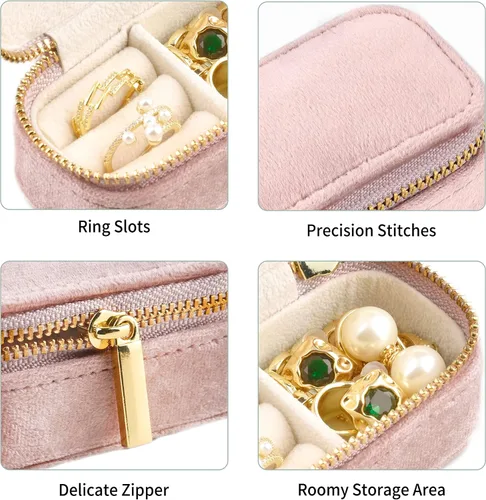 Vista 5 de TAIMY Mini estuche de viaje de joyería, caja de joyería de viaje pequeña de terciopelo, caja organizadora de viaje portátil para anillos, aretes