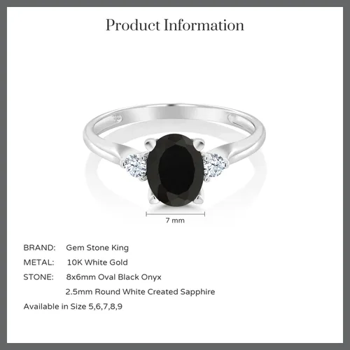 Vista 6 de Gem Stone King Anillo de compromiso de 3 piedras de oro blanco de 10 quilates con ónix negro y zafiro blanco para mujer