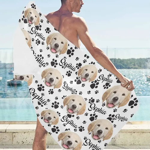 Vista 3 de MyPupSocks Toallas de playa personalizadas para niños y adultos, toalla de piscina con nombre y cara de perro, regalos personalizados con nombre