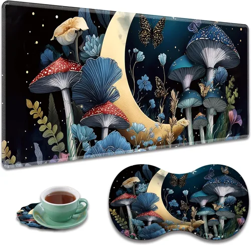 Vista 21 de Alfombrilla de mouse grande para juegos + reposamuñecas + posavasos combinados, 31.5 x 11.8 pulgadas, tapete de extensión antideslizante duradero