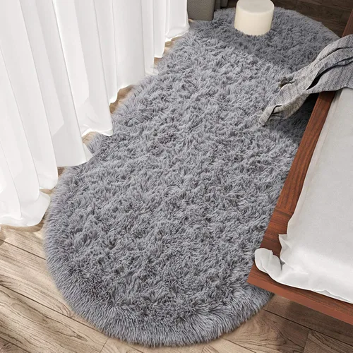 Vista 4 de Junovo - Alfombra de felpa ultra suave lavable, antideslizante, ovalada para guardería, dormitorio de niños y decoración del hogar (2x5 pies, gris)