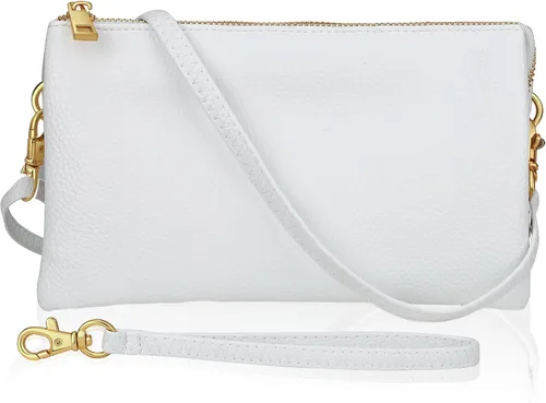 Vista 18 de Humble Chic bolsa pequeña de piel vegana, para usar cruzada o cartera con ajuste de pulsera, incluye hombro ajustable y correa para muñeca. Oro