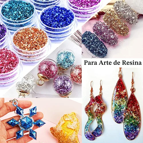 Vista 5 de 12 cajas de vidrio triturado con purpurina fina para arte de resina, pequeñas piezas de vidrio roto irregulares, chips de cristal metálico, escamas