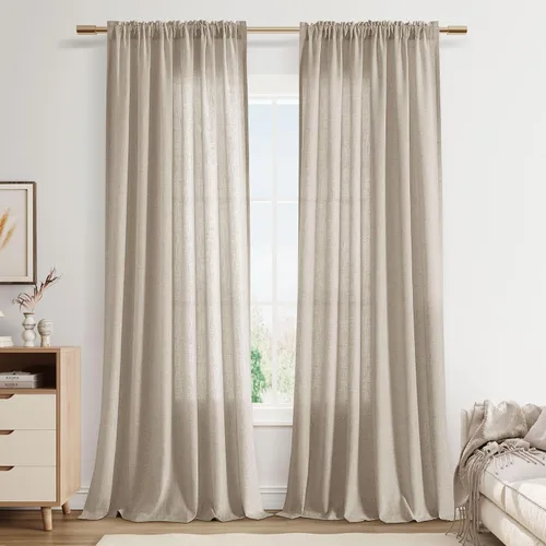 Vista 22 de Cortinas de lino verde aguamarina de 84 pulgadas de largo, juego de 2 paneles semitransparentes con bolsillo para barra para comedor, decoración
