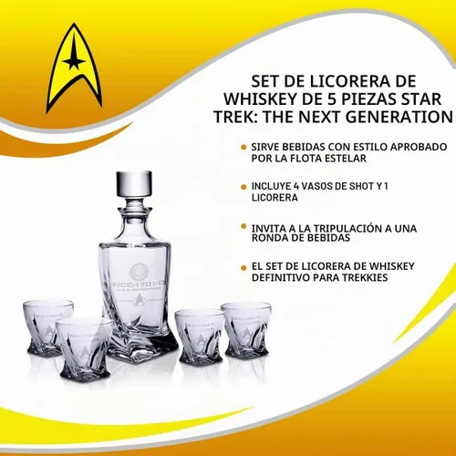 Vista 7 de Star Trek: The Next Generation - Juego de decantadores de whisky de 5 piezas, vasos de chupito para fiesta temática de USS Enterprise