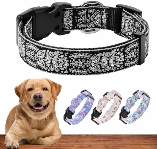 Vista 21 de Collar de perro para perros medianos y grandes, patrón acolchado de algodón con flores en collares de larga duración, ajustables, fuertes