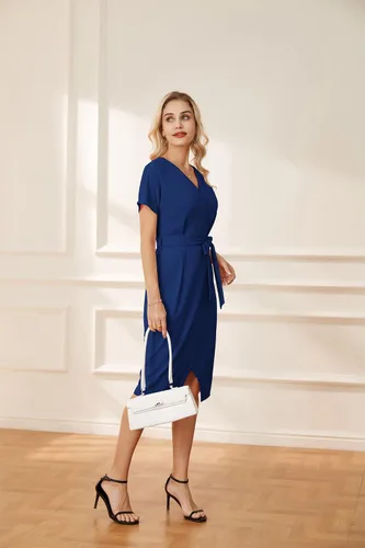 Vista 6 de GRACE KARIN Vestido de negocios de manga corta con cuello en V para mujer, con lazo en la cintura, vestido de cóctel con abertura, vestido midi