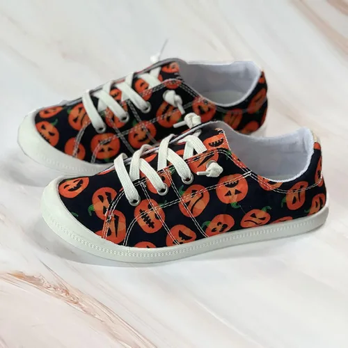 Vista 4 de Zapatos de lona para mujer, con estampado de calabaza y fantasma, zapatos deportivos planos para mujer, zapatos transpirables para mujer
