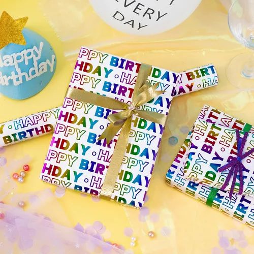 Vista 4 de LeZakaa Rollo de papel de regalo de cumpleaños, letras de feliz cumpleaños, diseño holográfico colorido para baby shower, envoltura de regalo