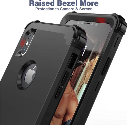 Vista 6 de IDweel Funda para iPhone Xs Max con protector de pantalla de vidrio templado, absorción de golpes 3 en 1, protección resistente, cubierta de Negro
