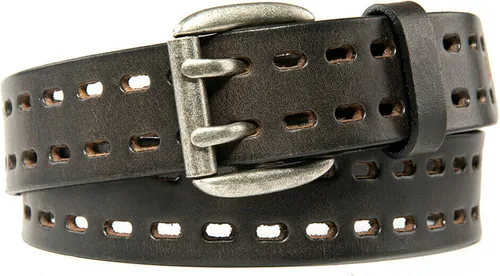 Vista 2 de BG247 Cinturón casual de cuero hecho a mano para hombre con hebilla de doble punta Negro