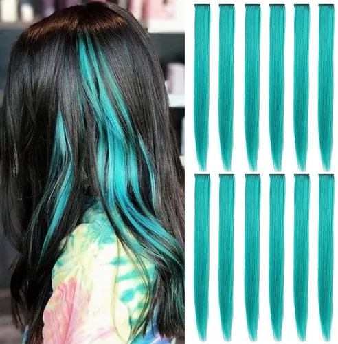 Vista 13 de 12 extensiones de cabello azul con clip en reflejos de 20 pulgadas, extensiones de cabello lacio de color liso con clip para mujer, peluca arcoíris