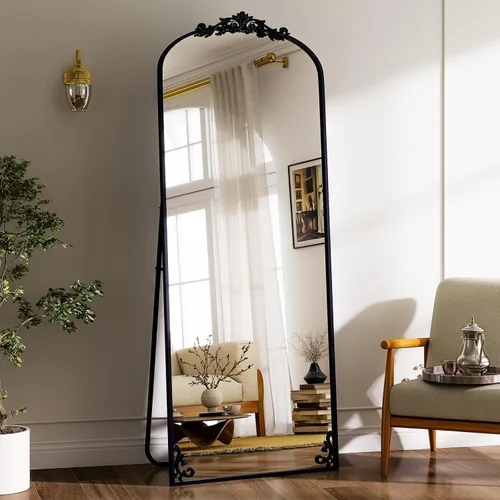 Vista 16 de GLSLAND Espejo Vintage - 72" x 44" Espejo de Cuerpo Completo Grande Tallado Arqueado con Marco de Metal Barroco Espejos de Cuerpo Completo para Negro