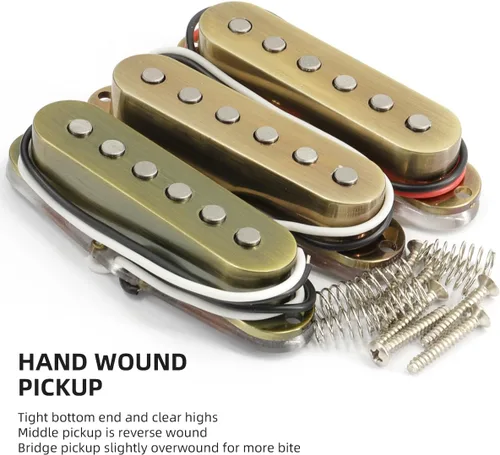 Vista 4 de Alnico 5 pastillas de guitarra, SSS Single Coil Pickups Guitar Neck/Middle/Bridge Pickup Cream para guitarra eléctrica Strat Squier (bronce)