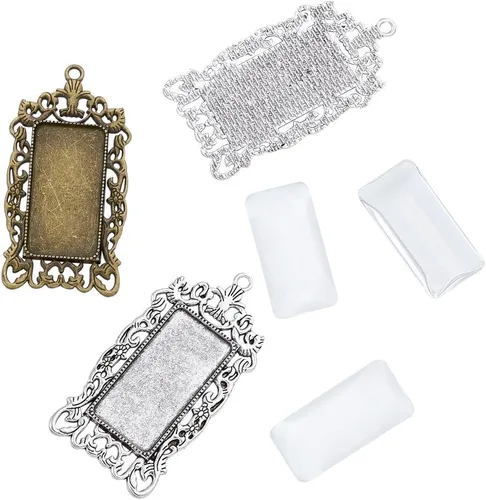 Vista 2 de KISSITTY 10 piezas de bandeja colgante rectangular de bronce plateado antiguo en blanco con 10 piezas de azulejos de cúpula de vidrio transparente