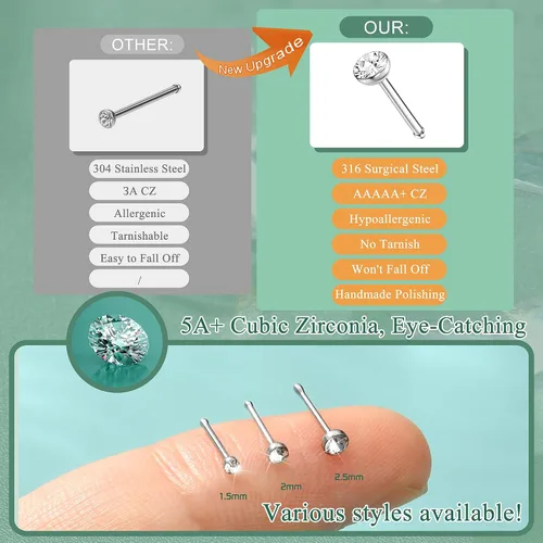 Vista 5 de Thunaraz Pernos Recto en Forma de L de Acero Inoxidable para la Nariz, Joyería para el Cuerpo, 20G-22G, 1.5mm, 2mm, 2.5mm