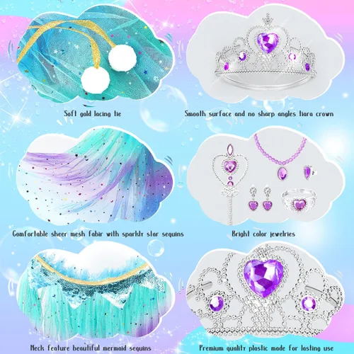 Vista 4 de Fedio Princess Cape Set 7 Pieces Girls Princess Cloak with Tiara Crown, Wand for Little Girls Dress up