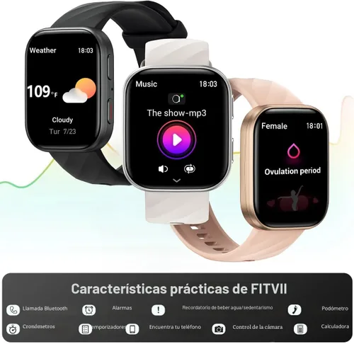 Vista 6 de FITVII Reloj Inteligente de Salud y Fitness (Responder/Realizar Llamadas), Reloj Inteligente con Monitoreo de Frecuencia Cardíaca y Presión Arterial