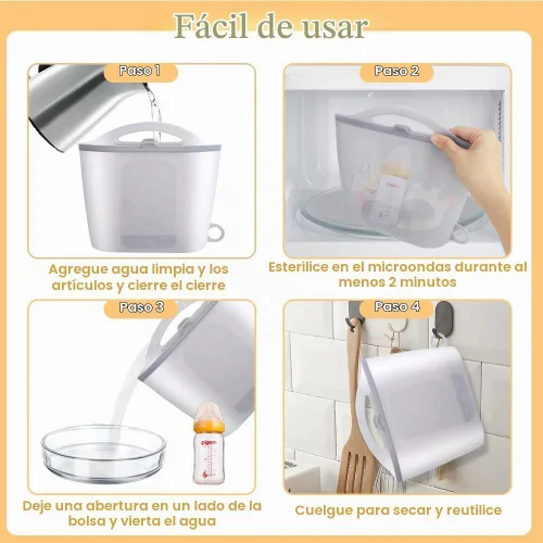 Vista 6 de Bolsa esterilizadora de vapor de silicona para microondas, bolsas reutilizables de 50.7 fl oz para biberones, extractor de leche, chupetes