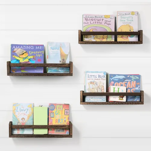 Vista 8 de Juego de 4 estantes flotantes de madera para habitación de niños, estante de libros para guardería, estante de especias de cocina (carbonizado)