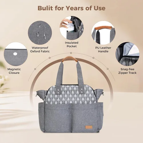 Vista 4 de Lekebaby Bolsa de pañales, 17 bolsillos, bolsa de pañales de viaje grande impermeable con cambiador portátil, bolsa de hospital cruzada para mamá